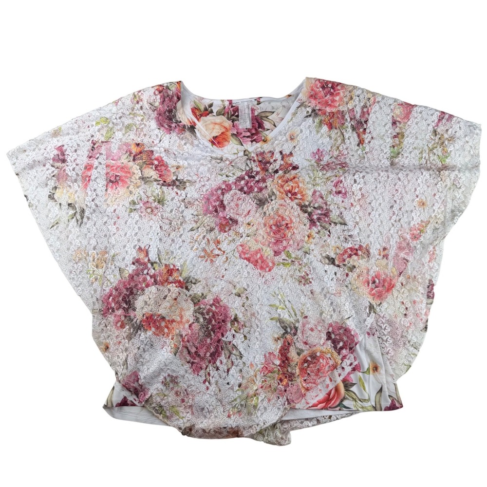 Womens Floral Lace‎ Batwing Top Romantic Botanical Layered Blouse White Large